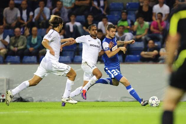 Itzhak Cohen of Maccabi Haifa (L) Eyal Mashumar of Maccabi Haifa (c) Daniel Pudil of KRC Genk KRC Genk v Maccabi Haifa UEFA Champions League 2011 2012 xVIxJackxJacobsxIVx 342030