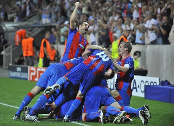 Pilsen players celebrate second goal during second leg play-off Champions League soccer match FC Viktoria Plzen vs FC Copenhagen in Prague, Czech Republic, Wednesday, Aug. 24, 2011. (CTKxPhoto RomanxVondrous)  CTKPhoto74201108241011501