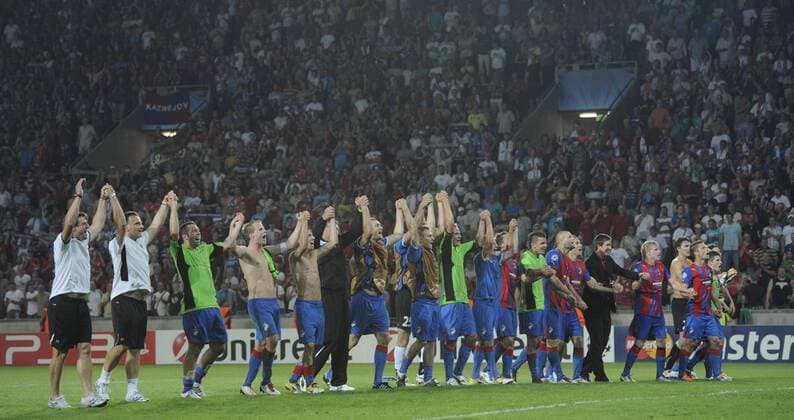Pilsen players celebrate after winning second leg play-off Champions League soccer match FC Viktoria Plzen vs FC Copenhagen in Prague, Czech Republic, Wednesday, Aug. 24, 2011. (CTKxPhoto MichalxKamaryt)  CTKPhoto747201108241049001
