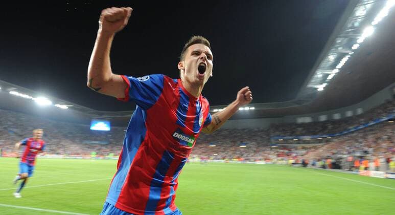 Michal Duris of Pilsen celebrates during second leg play-off Champions League soccer match FC Viktoria Plzen vs FC Copenhagen in Prague, Czech Republic, Wednesday, Aug. 24, 2011. (CTKxPhoto LadislavxAdamek)  CTKPhoto767201108240442401