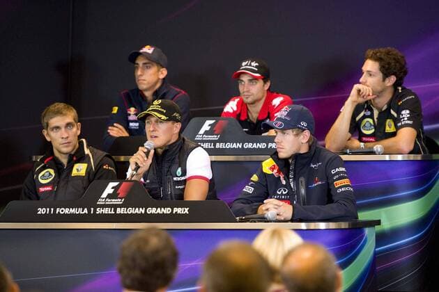 O.R.v.l. Sebastian BUEMI (SUI), Toro Rosso, Jerome D AMBROSIO (BEL), Virgin Racing, Bruno SENNA (BRA), Lotus Renault GP, u.R.v.l. Vitaly PETROV (RUS), Lotus Renault GP, Michael SCHUMACHER (GER),Mercedes GP Petronas, Sebastian VETTEL (GER), Red Bull Racing, halbe Figur, Halbfigur, Querformat, Zivil, zivile Kleidung, privat, Strassenbekleidung, private, Pressekonferenz am 25.08.2011 Formel 1, Grosser Preis von Belgien in Spa Francorchamps