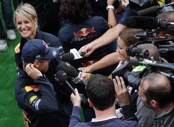 formula 1 GP, Belgien in Spa, 25.08.11, Sebastian Vettel and press officer Britta Roeske, Red Bull Racing, TV PK,