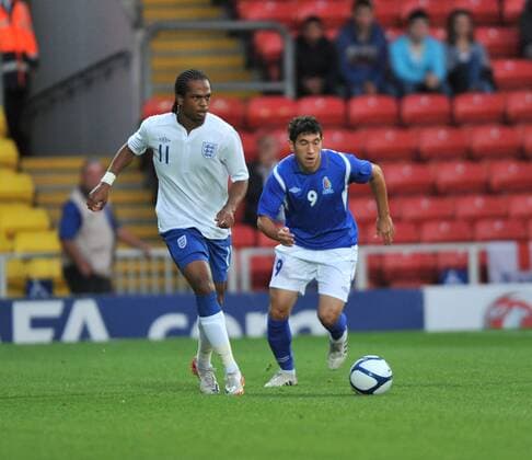 01.09.2011 UEFA Under-21 Championship Qualifier from Vicarage Road. England U21 v Azerbaijan U21. Delfouneso is challenged by Hasanov xStevexButlerx  ActionPlus11205179 Content restricted for UK based newspaper