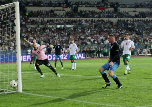 Englands Wayne Rooney scoring his second goal European Championship Qualifying Group A Bulgaria v England 2nd September, 2011 EDITORIAL USE ONLY. No use with unauthorised audio, video, data, fixture lists, club league logos or live services. Online in-match use limited to 120 images, no video emulation. No use in betting, games or single club league player publications. Euro