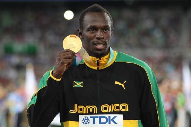 Usain Bolt, JAM, bei der Siegerehrung 200m der Männer während der Leichtathletik-WM 2011 in Daegu, 04 09 2011 ; Porträt