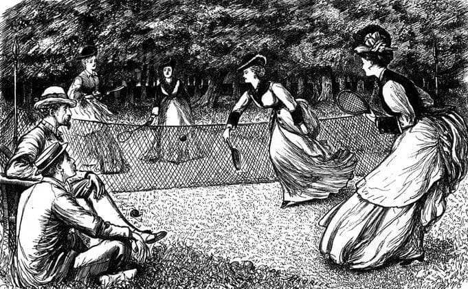 Fashion Cartoon which appeared in Punch 10 October 1874, showing women s foursome wearing heavily cuffed and bustled outfits. The Encyclopedia of Tennis page 238. Local Caption !AUFNAHMEDATUM GESCHÄTZT! UnitedArchives0638135