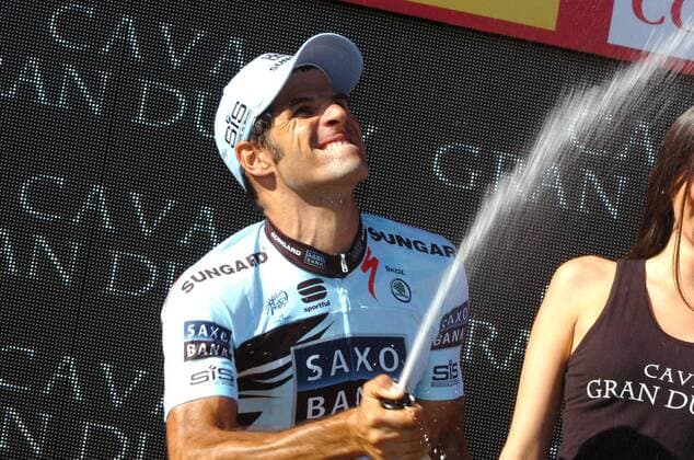 Vuelta a Espana 2011, 16. Etappe: Villa Romana La Olmeda - Haro; Etappensieger Juan Jose Haedo (ARG Saxo Bank Sungard)  o0 Sekt, Sektdusche, Champagner, Champagnerdusche Siegerehrung