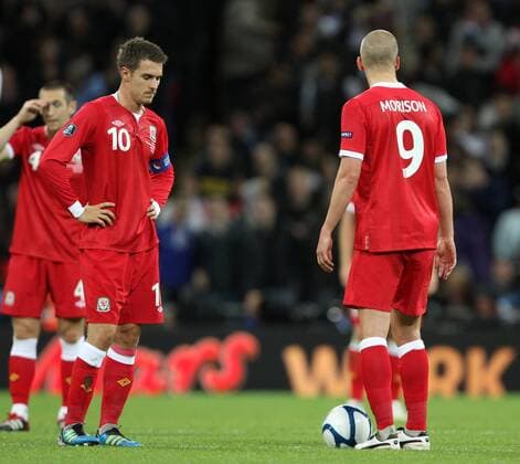Wales Aaron Ramsey and Steve Morison look on dejected after going 1-0 down European Championship Qualifying Group G England v Wales 6th September, 2011 EDITORIAL USE ONLY. No use with unauthorised audio, video, data, fixture lists, club league logos or live services. Online in-match use limited to 120 images, no video emulation. No use in betting, games or single club league player publications.