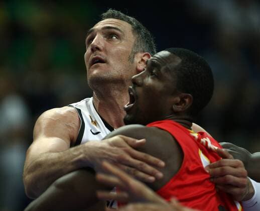 07.09.2011, Vilnius - Eurobasket 2011 - Germany vs Spain --- Sven Schultze (GER) and Serge Ibaka (ESP)