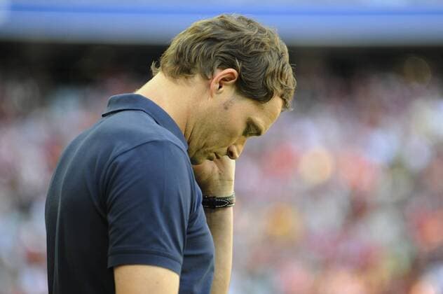 Marcus SORG,Trainer (SC Freiburg),Einzelbild,angeschnittenes Einzelmotiv,Porträt,schaut etwas deprimiert,Enttäuschung,Frust,enttäuscht,frustriert,niedergeschlagen, FC Bayern München-SC Freiburg. Fussball,Liga1,1.Bundesliga,Saison2011 12,2011 2012 ,Spieltag05, am 10.09.2011.