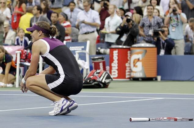 Samantha Stosur of Australia reacts after match point in the Women s Final in Arthur Ashe Stadium at the U.S. Open Tennis Championships at the Billie Jean King National Tennis Center in New York City on September 11, 2011.  NYP20110911143