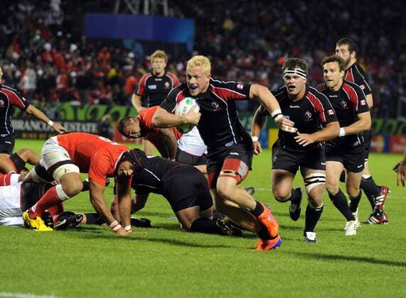 Rugby Union - Rugby World Cup 2011 -Tonga v Canada Phil MacKenzie - Canada goes over for the winning try. 