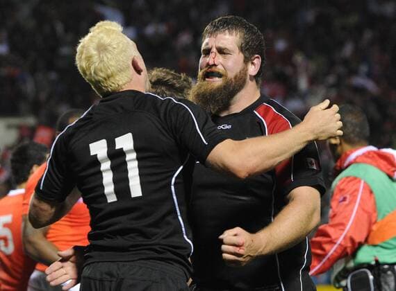 Rugby Union - Rugby World Cup 2011 -Tonga v Canada Phil MacKenzie - Canada celebrates his winning try with Hubert Buydens (right) 