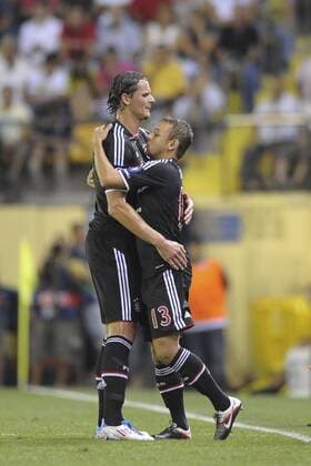 Sept. 14, 2011: Daniel Van Buyten and Rafinha players of Bayern, during the match between Villarreal CF and FC Bayern München, played at Madrigal stadium, Villarreal, Spain. 