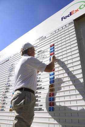 15 September 2011: A Scorekeeper adds a score to a player s total during the first round of the 2011 BMW Championship at Cog Hill Golf Club in Lemont, Illinois. PGA Golf Herren Golf: Sep 15 BMW First Round Icon518110915025 o0 Scoreboard Leaderboard Anzeigetafel Anzeige Tafel EDITORIAL USE ONLY