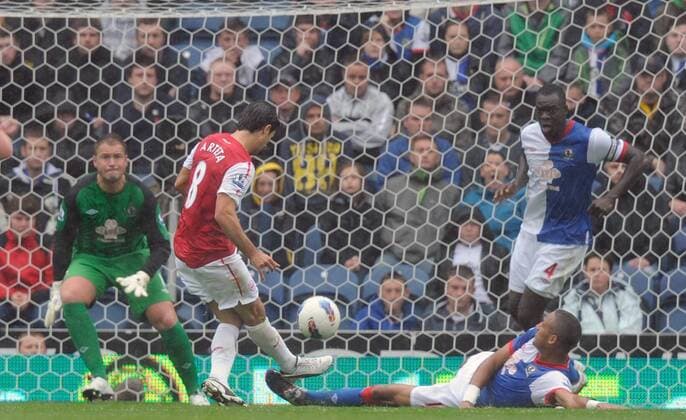 Mikel Arteta of Arsenal scores the second goal Barclays Premier League - Blackburn Rovers vs. Arsenal FC London - 17th September, 2011 EDITORIAL USE ONLY. No use with unauthorised audio, video, data, fixture lists, club league logos or live services. Online in-match use limited to 120 images, no video emulation. No use in betting, games or single club league player publications.