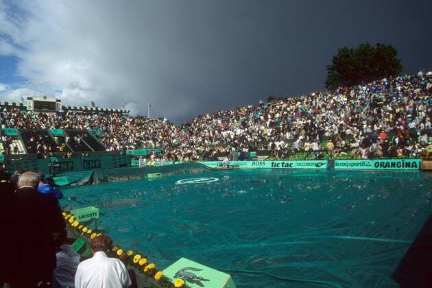 NSW Tennis Centre bei den Olympischen Spielen in Sydney 2000 Der Platz wird während der Regenpause abgedeckt Sportstätte Totale Tennisplatz Tennis Stadion Australien Unterbrechung Regenunterbrechung
