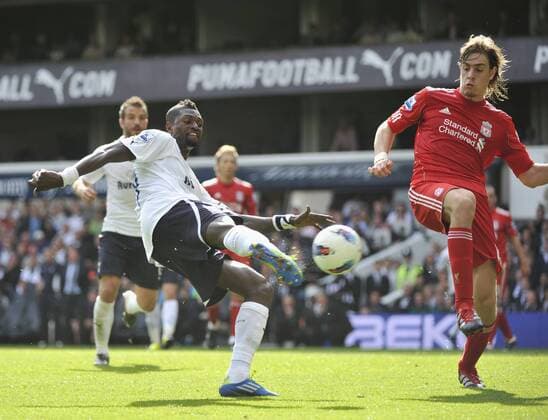 Premier League Football Tottenham Hotspur v Liverpool FC - Emmanuel Adebayor scores his 2nd goal Spurs 4th 