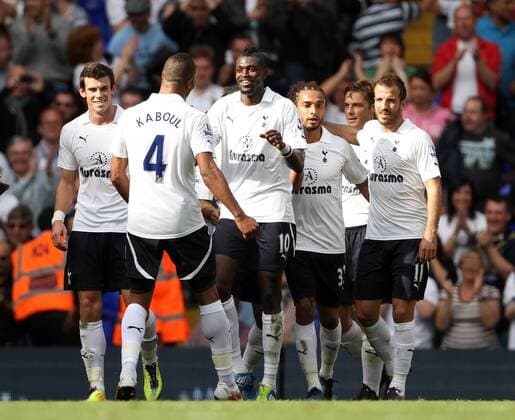 Tottenhams Emmanuel Adebayor celebrates his second goal Barclays Premier League - Tottenham Hotspur v Liverpool FC - EDITORIAL USE ONLY. No use with unauthorised audio, video, data, fixture lists, club league logos or live services. Online in-match use limited to 120 images, no video emulation. No use in betting, games or single club league player publications.