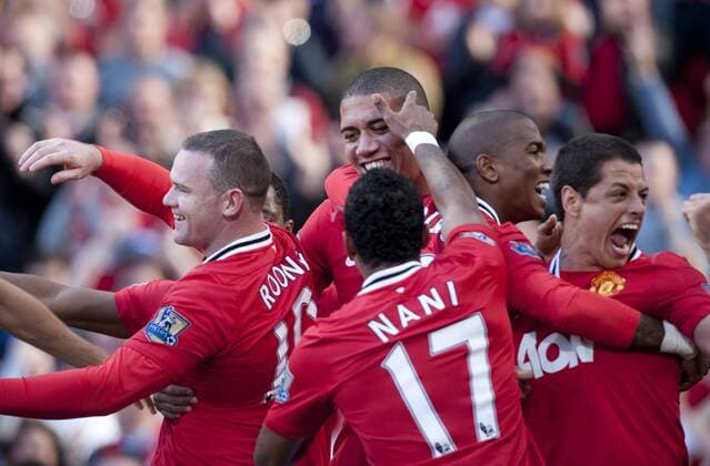 Chris Smaling of Manchester United celebrates his goal with his team mates Barclays Premier League - Manchester United (ManU) - Chelsea FC London - EDITORIAL USE ONLY. No use with unauthorised audio, video, data, fixture lists, club league logos or live services. Online in-match use limited to 120 images, no video emulation. No use in betting, games or single club league player publications.