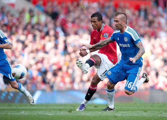 Nani of Manchester United scores the second goal Barclays Premier League - Manchester United (ManU) - Chelsea FC London - EDITORIAL USE ONLY. No use with unauthorised audio, video, data, fixture lists, club league logos or live services. Online in-match use limited to 120 images, no video emulation. No use in betting, games or single club league player publications.