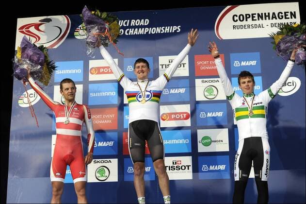L-R: Rasmus Christian Quaade (DÄNEMARK) - Weltmeister Luke Durbridge (AUSTRALIEN) - Michael Hepburn (AUSTRALIEN) UCI U23 U 23 Weltmeisterschaften im Zeitfahren - 19.09.2011 - PhotoNews  o0 Sieg Weltmeister Gold Silber Bronze Medaille