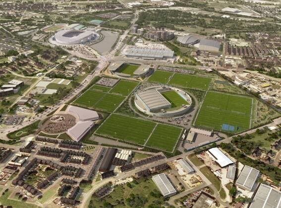 Manchester City Football Club has today submitted a planning application following a 6 week period of public consultation with local residents, crowds and other interested parties, for a proposed youth development and first team Academy in the Openshaw West area of East Manchester. A full aerial view of the Academy and training centre, directly connected to the Etihad Stadium via a new footbridge EDITORIAL USE ONLY. No use with unauthorised audio, video, data, fixture lists, club league logos or live services. Online in-match use limited to 120 images, no video emulation. No use in betting, games or single club league player publications. o0 Sportstätte Stadion Totale Computergrafik Grafik Modell Computermodell Umfeld Umgebung Luftbild