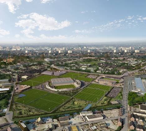 Manchester City Football Club has today submitted a planning application following a 6 week period of public consultation with local residents, crowds and other interested parties, for a proposed youth development and first team Academy in the Openshaw West area of East Manchester. The central hub will include education, accommodation, training and player care, office and media facilities EDITORIAL USE ONLY. No use with unauthorised audio, video, data, fixture lists, club league logos or live services. Online in-match use limited to 120 images, no video emulation. No use in betting, games or single club league player publications. o0 Sportstätte Stadion Totale Computergrafik Grafik Modell Computermodell Umfeld Umgebung Luftbild