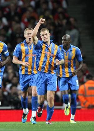Shrewsburys James Collins celebrates scoring his sides opening goal Carling Cup - Arsenal FC London vs. Shrewsbury Town - 20th September, 2011 EDITORIAL USE ONLY. No use with unauthorised audio, video, data, fixture lists, club league logos or live services. Online in-match use limited to 120 images, no video emulation. No use in betting, games or single club league player publications.