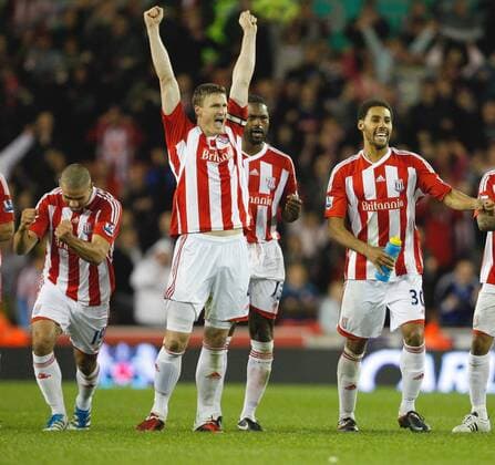 Stoke City s Robert Huth celebrates victory Carling Cup Stoke City v Tottenham Hotspur 20th September, 2011 EDITORIAL USE ONLY. No use with unauthorised audio, video, data, fixture lists, club league logos or live services. Online in-match use limited to 120 images, no video emulation. No use in betting, games or single club league player publications.