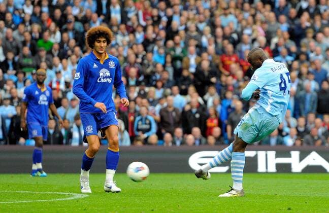 Mario Balotelli of Manchester City scores the first goal Barclays Premier League Manchester City v Everton 24th September, 2011 EDITORIAL USE ONLY. No use with unauthorised audio, video, data, fixture lists, club league logos or live services. Online in-match use limited to 120 images, no video emulation. No use in betting, games or single club league player publications.