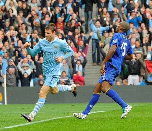 James Milner of Manchester City celebrates scoring the second goal Barclays Premier League Manchester City v Everton 24th September, 2011 EDITORIAL USE ONLY. No use with unauthorised audio, video, data, fixture lists, club league logos or live services. Online in-match use limited to 120 images, no video emulation. No use in betting, games or single club league player publications.