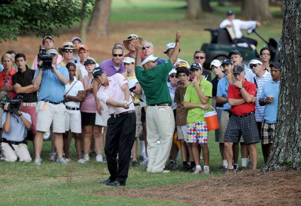 Bill Haas of Greenville, S.C., hits out of the rough area along the 16th fairway during the final round of the Tour Championship golf tournament at the East Lake Golf Club in Atlanta, Georgia, on Sunday, September 25, 2011. Haas won the tournament and the FedExCup playoff in a three-hole playoff.  ATL20110925332 Fed Ex