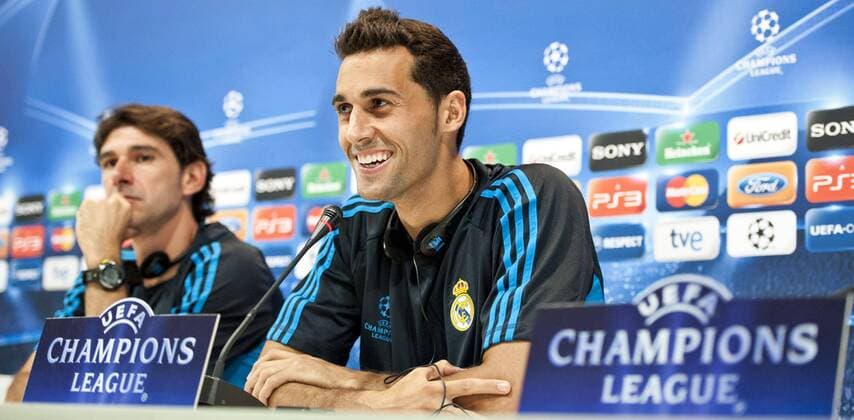 Aitor Karanka, assistant coach of Real Madrid C.F., and Alvaro Arbeloa, player of Real Madrid C.F., speak to the media in a press conference before theUEFA Champions League match between his team and Ajax Amsterdam - Valdebebas, Madrid, 26 09 2011 