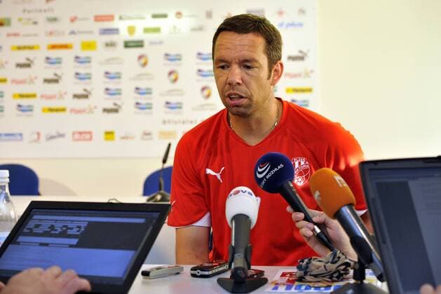 FC Viktora Plzen captain Pavel Horvath speaks to journalists during the press conference in Prague, Czech Republic (CTKxPhoto PetrxEret)  CTKPhoto201109260723901