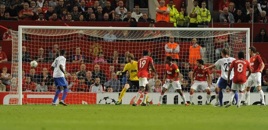 Fabian Frei of FC Basel scores the first goal UEFA Champions League Group C, Manchester United (ManU) - FC Basel EDITORIAL USE ONLY. No use with unauthorised audio, video, data, fixture lists, club league logos or live services. Online in-match use limited to 120 images, no video emulation. No use in betting, games or single club league player publications.
