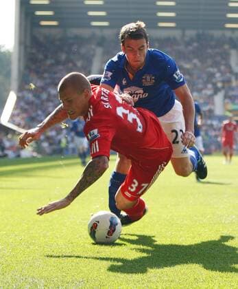Liverpool s Martin Skrtel battles with Everton s Seamus Coleman Barclays Premier League Everton FC vs. Liverpool FC 1st October, 2011 EDITORIAL USE ONLY. No use with unauthorised audio, video, data, fixture lists, club league logos or live services. Online in-match use limited to 120 images, no video emulation. No use in betting, games or single club league player publications.