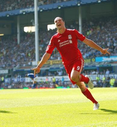 Liverpool s Andy Carroll celebrates his goal v Everton Barclays Premier League Everton FC vs. Liverpool FC 1st October, 2011 EDITORIAL USE ONLY. No use with unauthorised audio, video, data, fixture lists, club league logos or live services. Online in-match use limited to 120 images, no video emulation. No use in betting, games or single club league player publications.