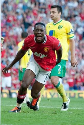 Danny Welbeck of Manchester United celebrates scoring the second goal Barclays Premier League Manchester United v Norwich City 1st October, 2011 EDITORIAL USE ONLY. No use with unauthorised audio, video, data, fixture lists, club league logos or live services. Online in-match use limited to 120 images, no video emulation. No use in betting, games or single club league player publications.