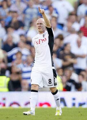 Andy Johnson of Fulham celebrates scoring his side s third goal during the Premier League match between Fulham and Queens Park Rangers at Craven Cottage, London, England, on October 2, 2011. Barclays Premier League - Fulham FC vs. Queens Park Rangers (QPR) 2nd October, 2011 EDITORIAL USE ONLY. No use with unauthorised audio, video, data, fixture lists, club league logos or live services. Online in-match use limited to 120 images, no video emulation. No use in betting, games or single club league player publications.