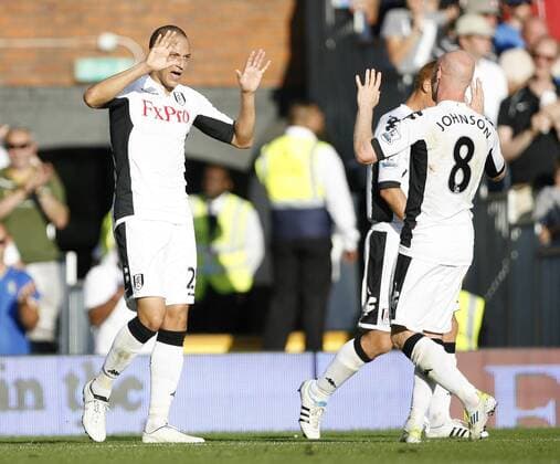 Bobby Zamora of Fulham celebrates scoring his side s sixth goal during the Premier League match between Fulham and Queens Park Rangers at Craven Cottage, London, England, on October 2, 2011. Barclays Premier League - Fulham FC vs. Queens Park Rangers (QPR) 2nd October, 2011 EDITORIAL USE ONLY. No use with unauthorised audio, video, data, fixture lists, club league logos or live services. Online in-match use limited to 120 images, no video emulation. No use in betting, games or single club league player publications.