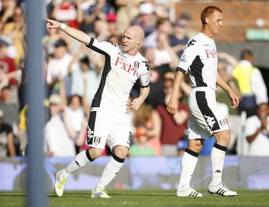 Andy Johnson of Fulham celebrates scoring his side s fourth goal during the Premier League match between Fulham and Queens Park Rangers at Craven Cottage, London, England, on October 2, 2011. Barclays Premier League - Fulham FC vs. Queens Park Rangers (QPR) 2nd October, 2011 EDITORIAL USE ONLY. No use with unauthorised audio, video, data, fixture lists, club league logos or live services. Online in-match use limited to 120 images, no video emulation. No use in betting, games or single club league player publications.