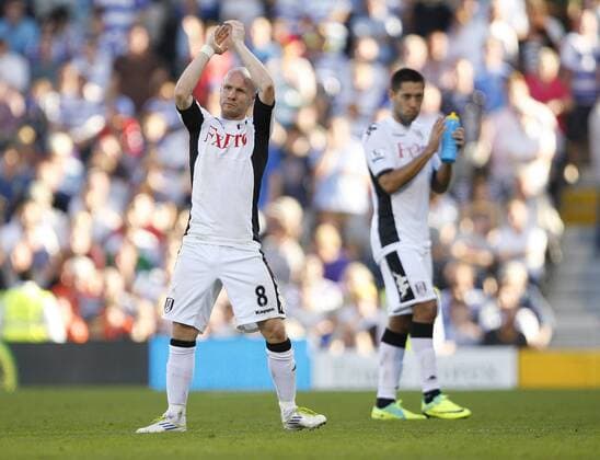 Andy Johnson of Fulham applauds the fans as he leaves the field during the Premier League match between Fulham and Queens Park Rangers at Craven Cottage, London, England, on October 2, 2011. Barclays Premier League - Fulham FC vs. Queens Park Rangers (QPR) 2nd October, 2011 EDITORIAL USE ONLY. No use with unauthorised audio, video, data, fixture lists, club league logos or live services. Online in-match use limited to 120 images, no video emulation. No use in betting, games or single club league player publications.