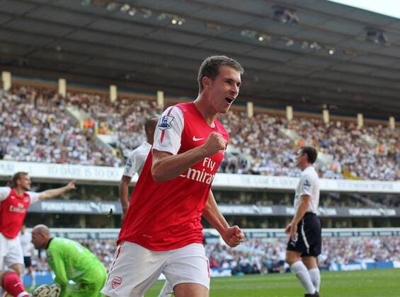 Arsenals Aaron Ramsey celebrates scoring his sides opening goal Barclays Premier League - Tottenham Hotspur vs. Arsenal FC London - 2nd October, 2011 EDITORIAL USE ONLY. No use with unauthorised audio, video, data, fixture lists, club league logos or live services. Online in-match use limited to 120 images, no video emulation. No use in betting, games or single club league player publications.