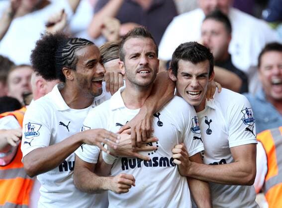 Tottenhams Rafael Van Der Vaart celebrates scoring his sides opening goal Barclays Premier League - Tottenham Hotspur vs. Arsenal FC London - 2nd October, 2011 EDITORIAL USE ONLY. No use with unauthorised audio, video, data, fixture lists, club league logos or live services. Online in-match use limited to 120 images, no video emulation. No use in betting, games or single club league player publications.