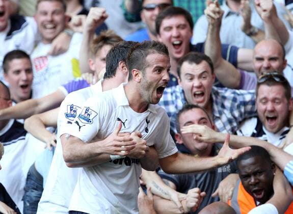Tottenhams Rafael Van Der Vaart celebrates scoring his sides opening goal Barclays Premier League - Tottenham Hotspur vs. Arsenal FC London - 2nd October, 2011 EDITORIAL USE ONLY. No use with unauthorised audio, video, data, fixture lists, club league logos or live services. Online in-match use limited to 120 images, no video emulation. No use in betting, games or single club league player publications.