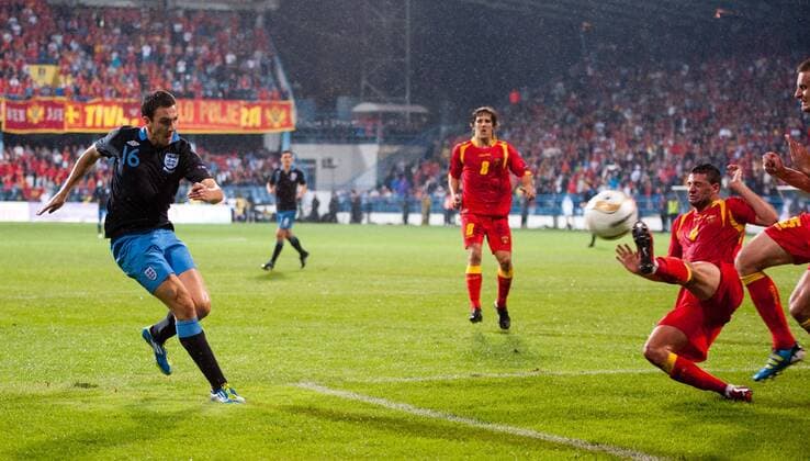 Stewart Downing of England lets loose a shot on goal European Championship Qualifying Group G Montenegro v England 7th October, 2011 EDITORIAL USE ONLY. No use with unauthorised audio, video, data, fixture lists, club league logos or live services. Online in-match use limited to 120 images, no video emulation. No use in betting, games or single club league player publications. o00 Euro
