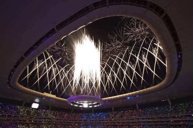 GUADALAJARA, Oct. 14, 2011 - Fireworks explode during the opening ceremony of the XVI Pan American Games Guadalajara 2011 at the Omnilife stadium in the city of Guadalajara, Mexico on Oct. 14, 2011. -  o0 Sportstätte Stadion totale Pyrotechnik