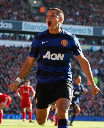 Manchester United s Javier CHICHARITO Hernandez celebrates his goal Barclays Premier League Liverpool v Manchester United 15th October, 2011 EDITORIAL USE ONLY. No use with unauthorised audio, video, data, fixture lists, club league logos or live services. Online in-match use limited to 120 images, no video emulation. No use in betting, games or single club league player publications.