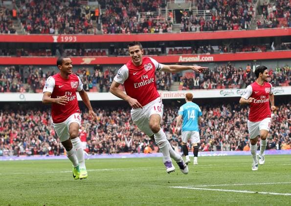 Arsenals Robin Van Persie celebrates scoring his sides opening goal Barclays Premier League Arsenal v Sunderland 16th October, 2011 EDITORIAL USE ONLY. No use with unauthorised audio, video, data, fixture lists, club league logos or live services. Online in-match use limited to 120 images, no video emulation. No use in betting, games or single club league player publications.